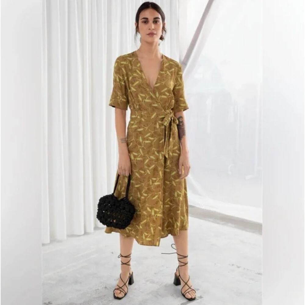 & Other Stories Olive Green Printed Wrap Midi Dress